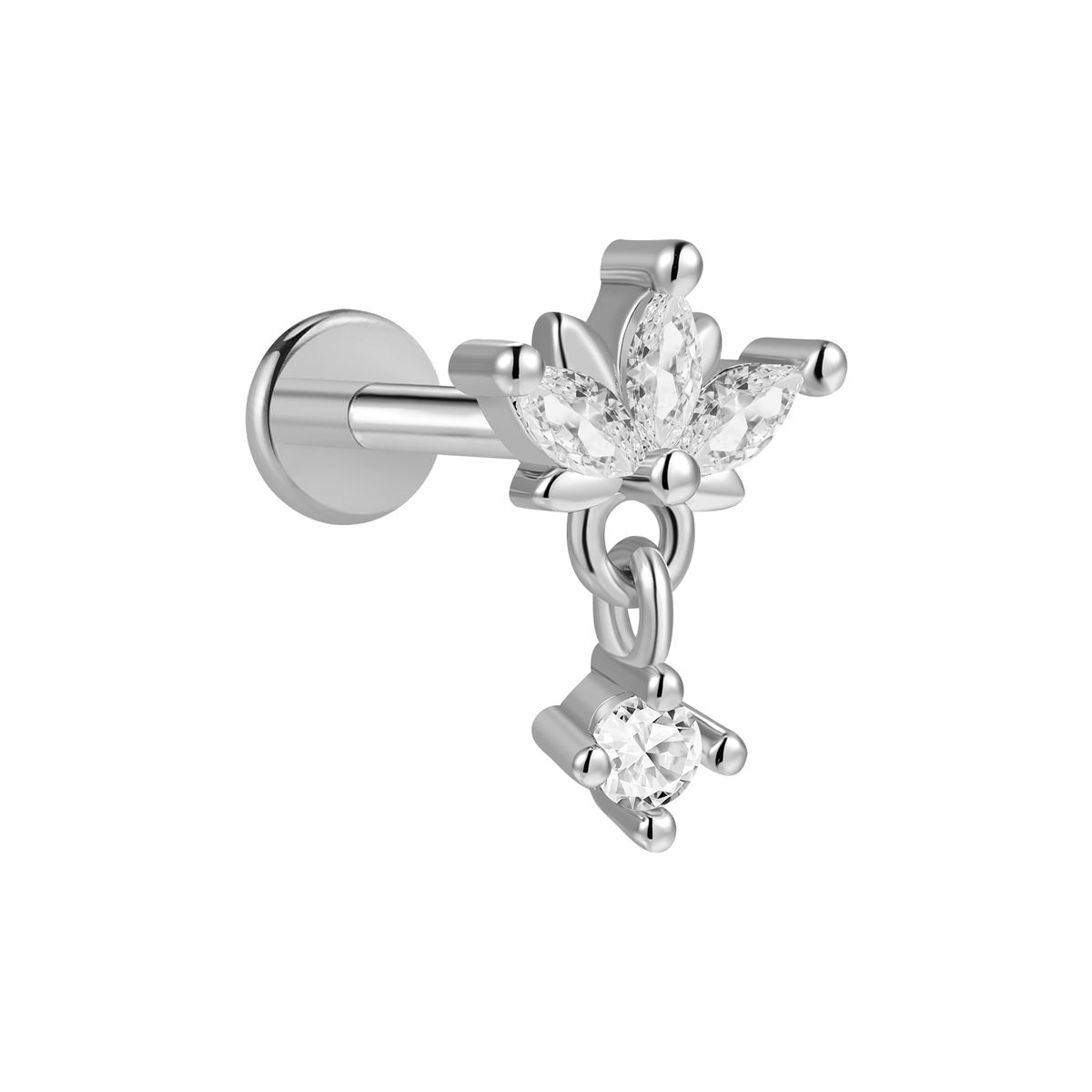 Helix/Tragus/Labret piercing in chirurgisch staal 316L met lotusbloem, witte kristallen en hangertje