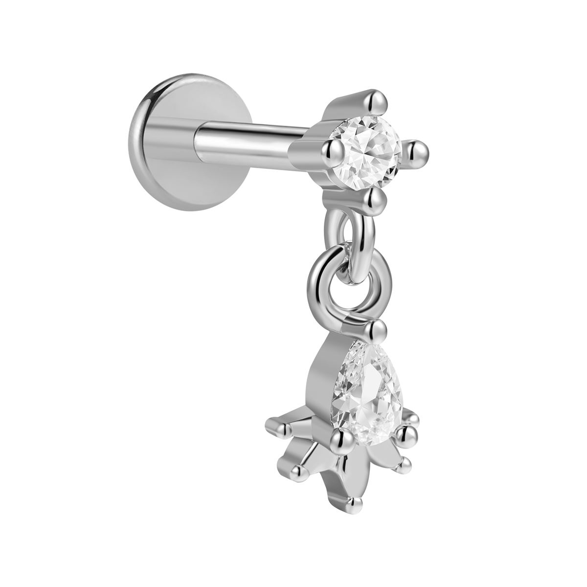 Helix / tragus / labret piercing in chirurgisch staal met witte kristallen en druppelvormig hangertje
