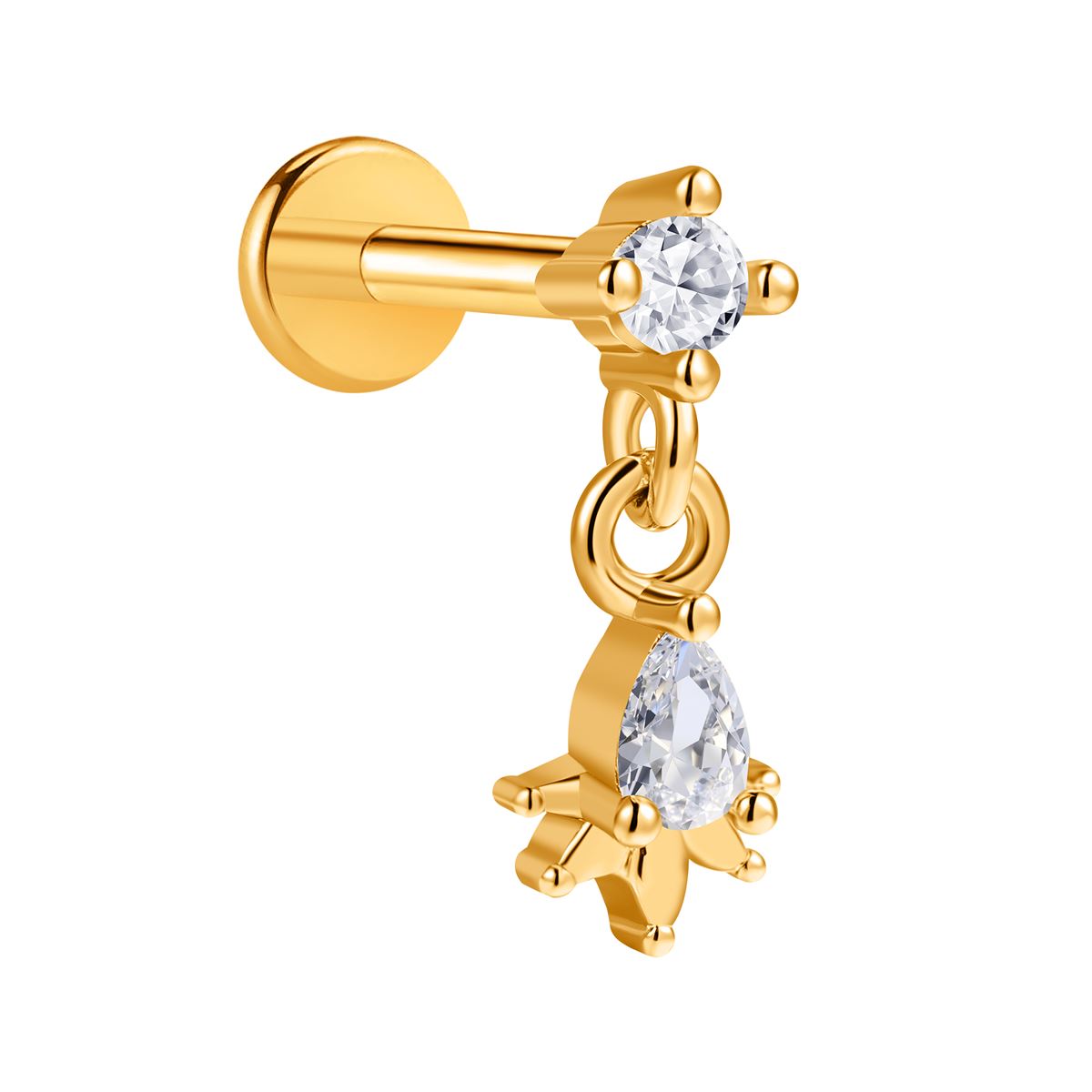Helix/Tragus/Labret piercing in goudkleurig chirurgisch staal 316L met witte kristallen en druppelvormig hangertje