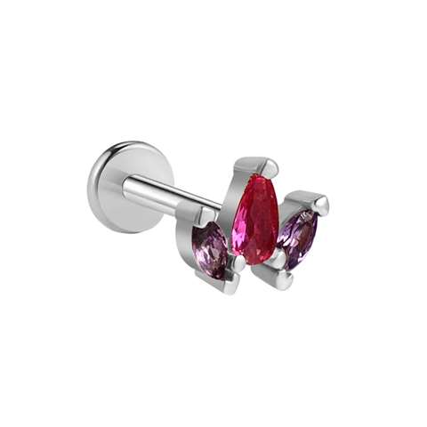 Labret/helix/tragus piercing in surgical steel crown with lilac-fuchsia crystals