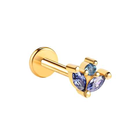 Labret/helix/tragus piercing in gold surgical steel crown covered with lilac-blue crystals