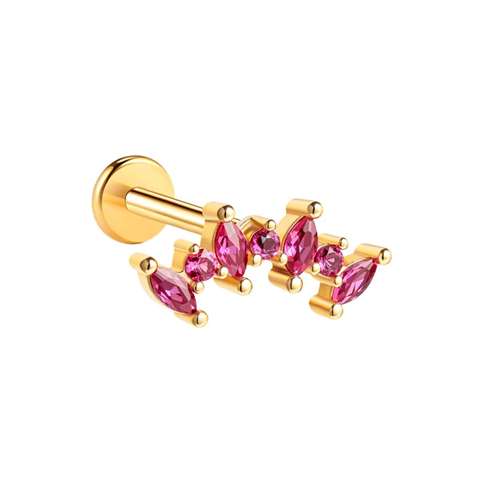 Labret/helix/tragus piercing in gold surgical steel loop covered with fuchsia crystals