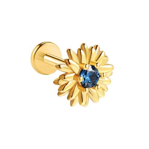 Labret/helix/tragus piercing in gold surgical steel round motif with a blue crystal