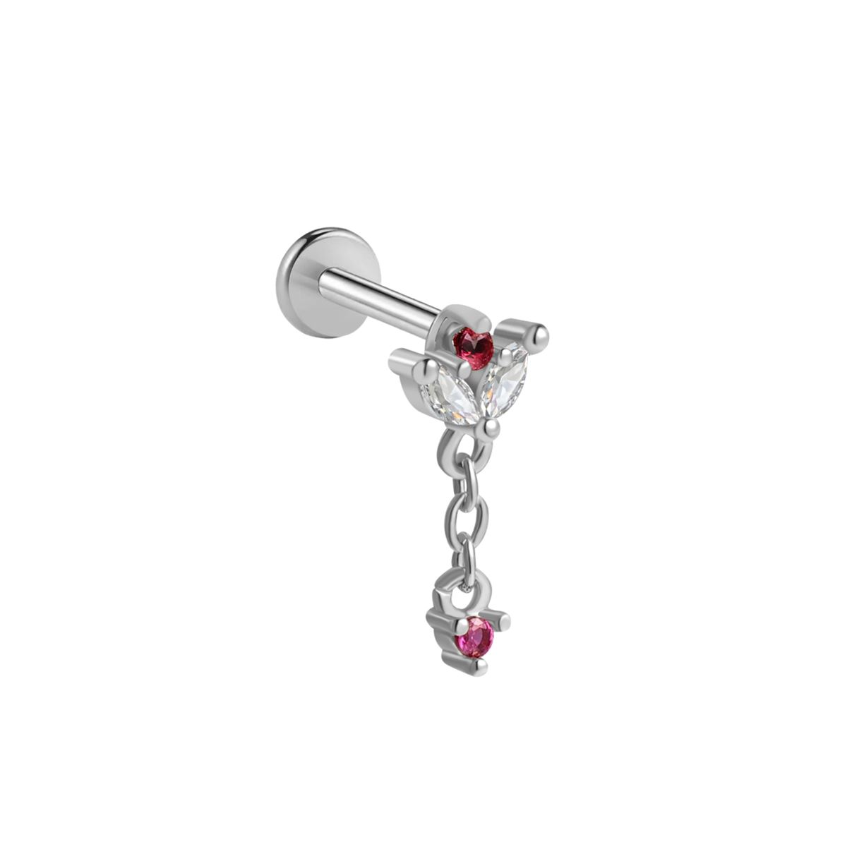 Labret/helix/tragus piercing in chirurgisch staal kroon met een fuchsia hanger