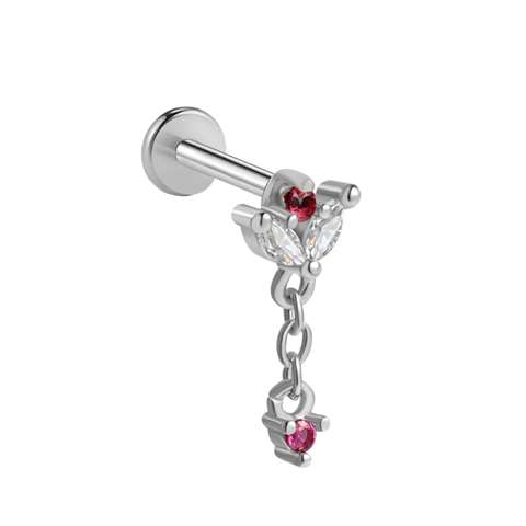 Labret/helix/tragus piercing in surgical steel crown with a fuchsia pendant