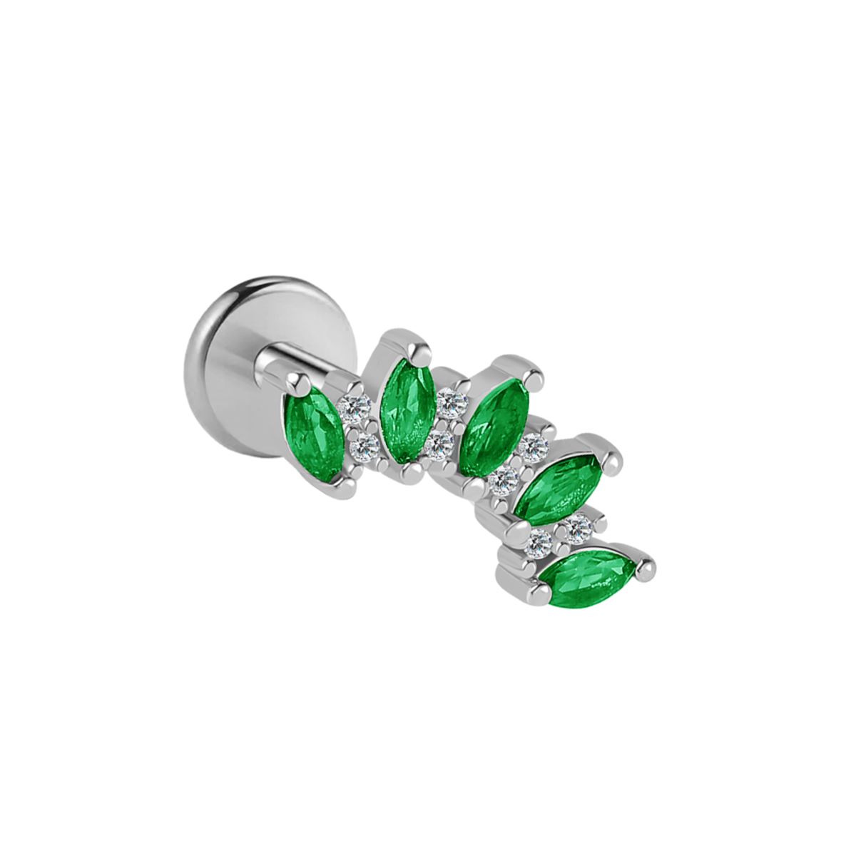 Labret/helix/tragus piercing in surgical steel loop with green and white crystals