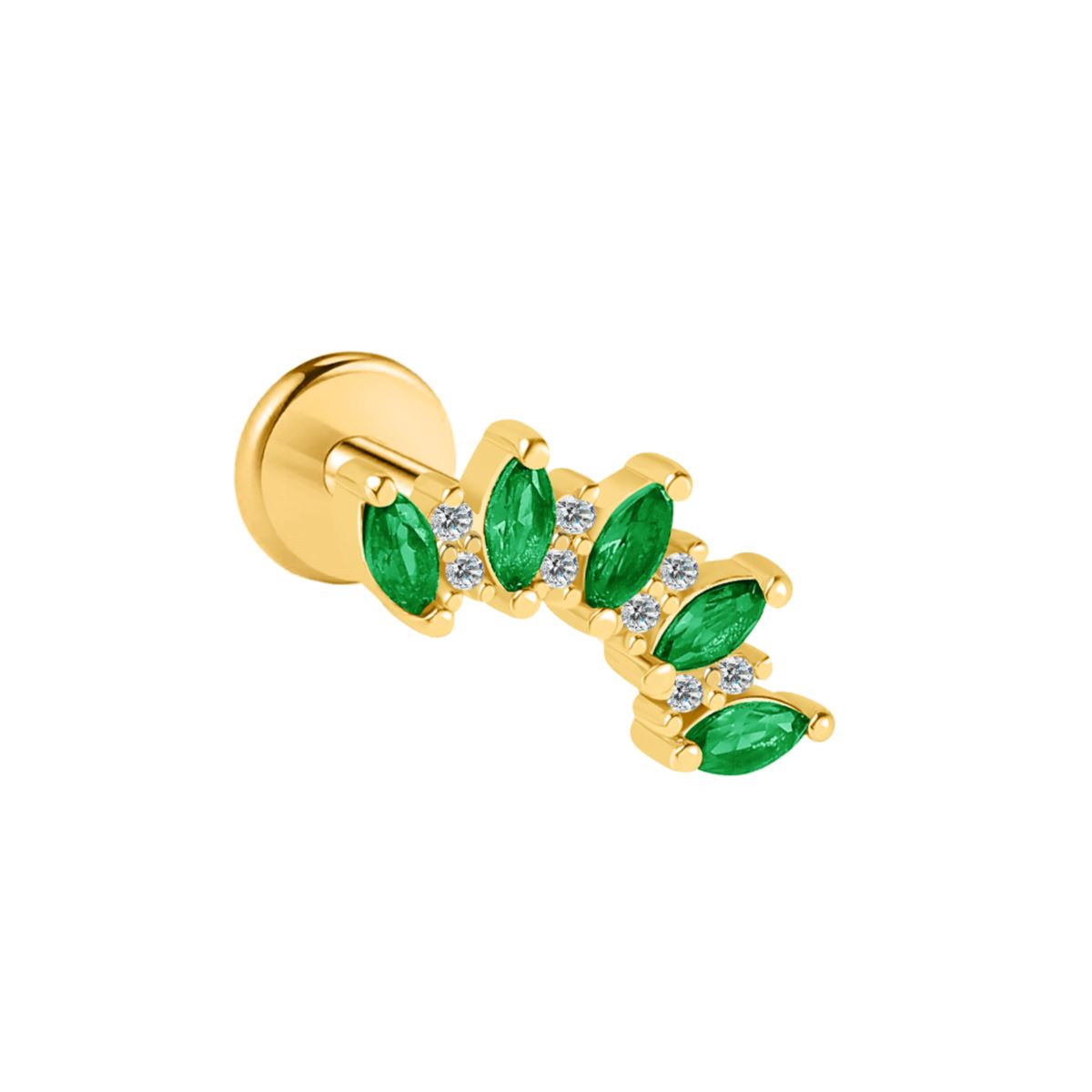 Labret/helix/tragus piercing in gold surgical steel loop with green and white crystals