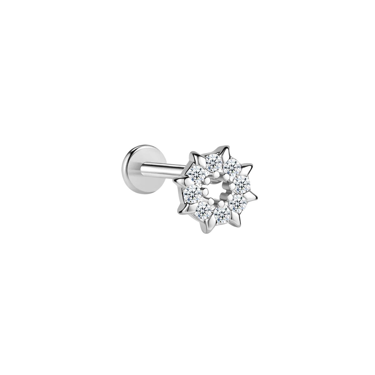 Labret/helix/tragus piercing in surgical steel round design covered with white crystals
