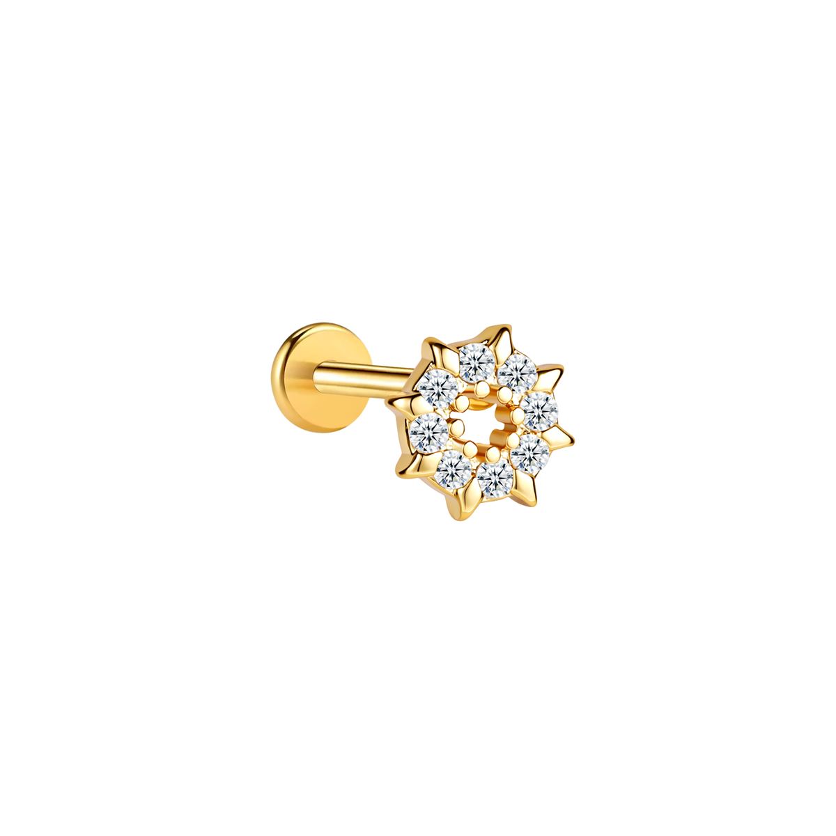 Labret/helix/tragus piercing in gold surgical steel round design covered with white crystals