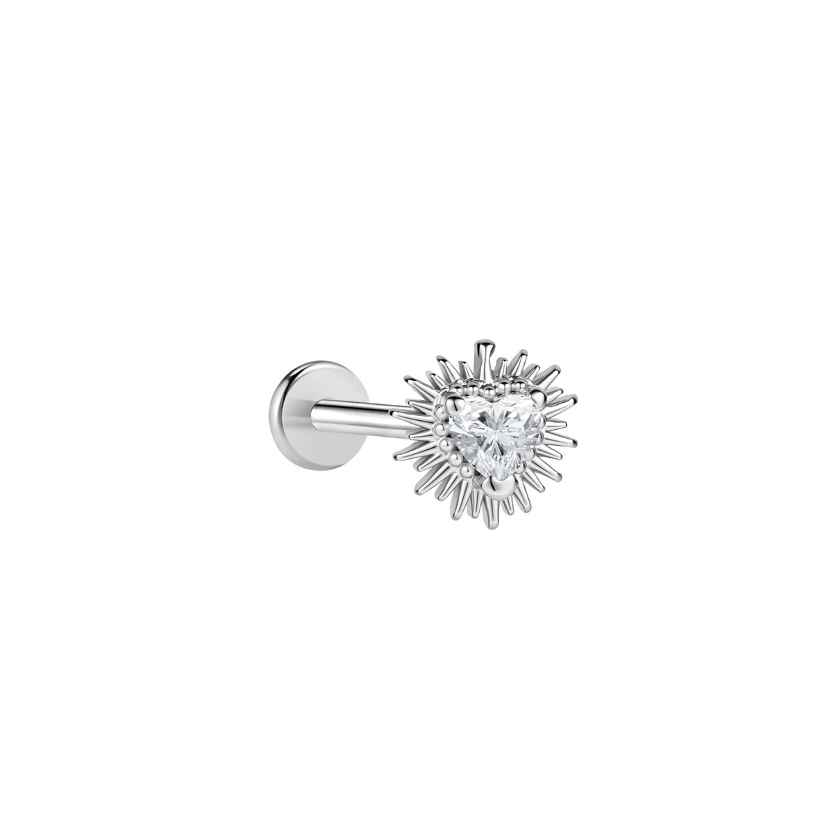 Labret/helix/tragus piercing in surgical steel heart with a white crystal