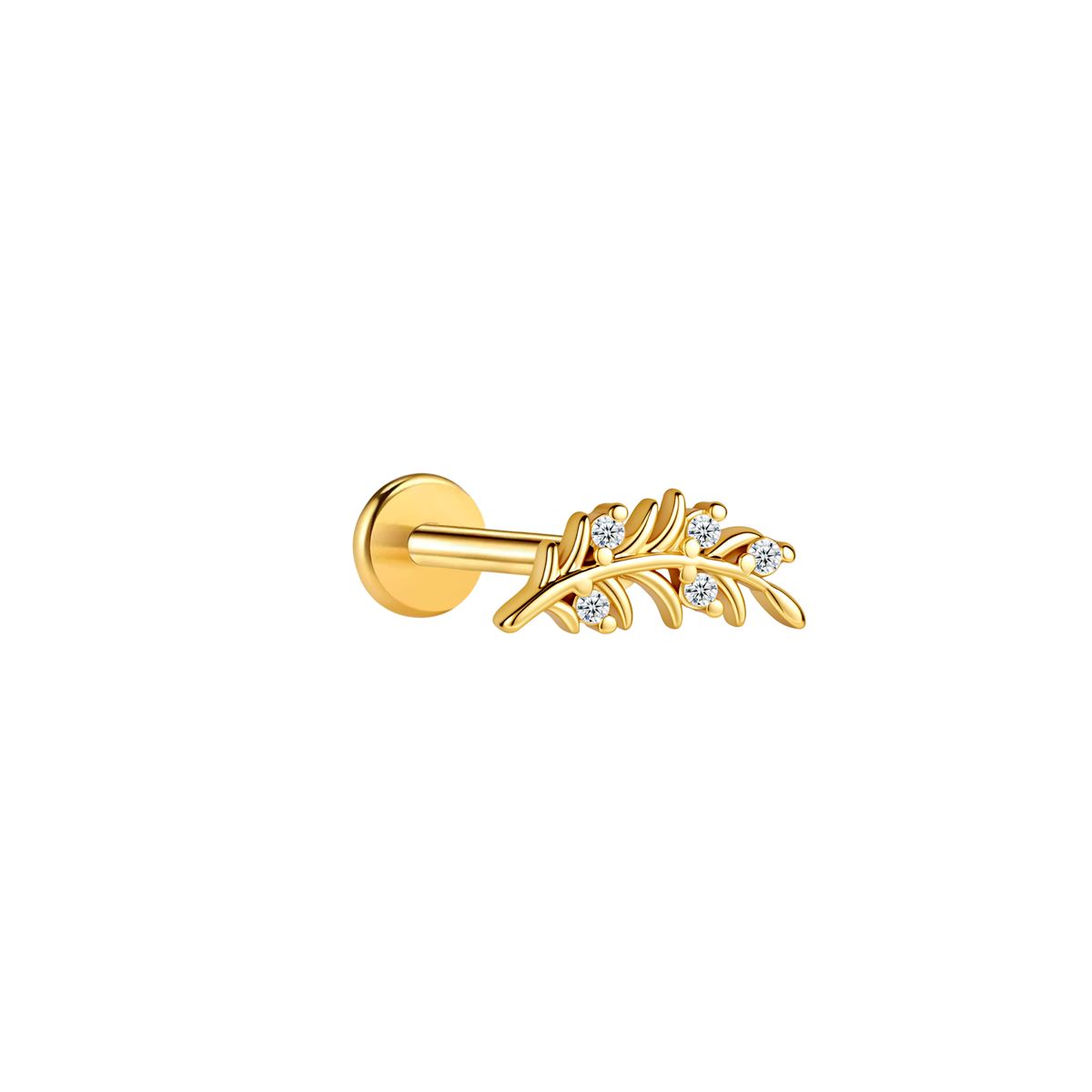 Labret/helix/tragus piercing in gold surgical steel branch covered with white crystals - for the right ear