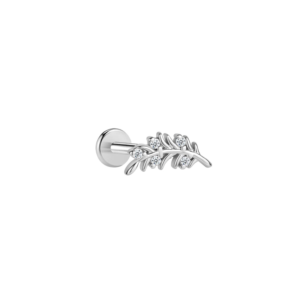 Labret/helix/tragus piercing in surgical steel branch covered with white crystals - for the right ear
