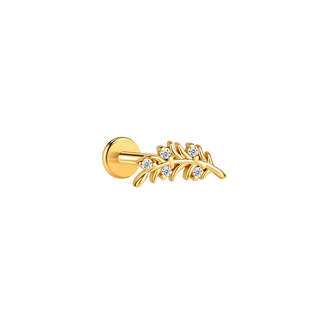 Labret/helix/tragus piercing in gold surgical steel branch covered with white crystals - for the left ear