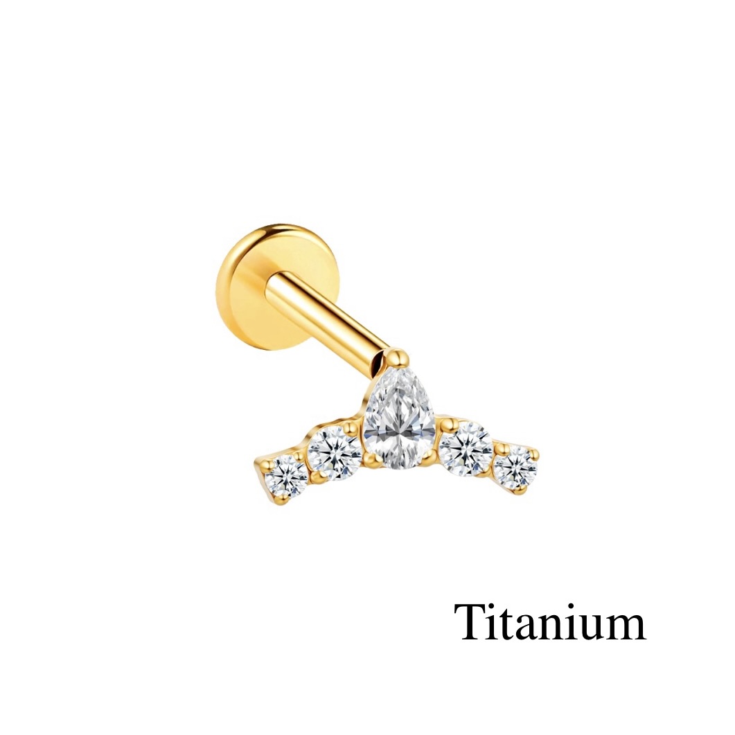 Labret/helix/tragus piercing in goud titanium F136 kroon met 5 witte kristallen