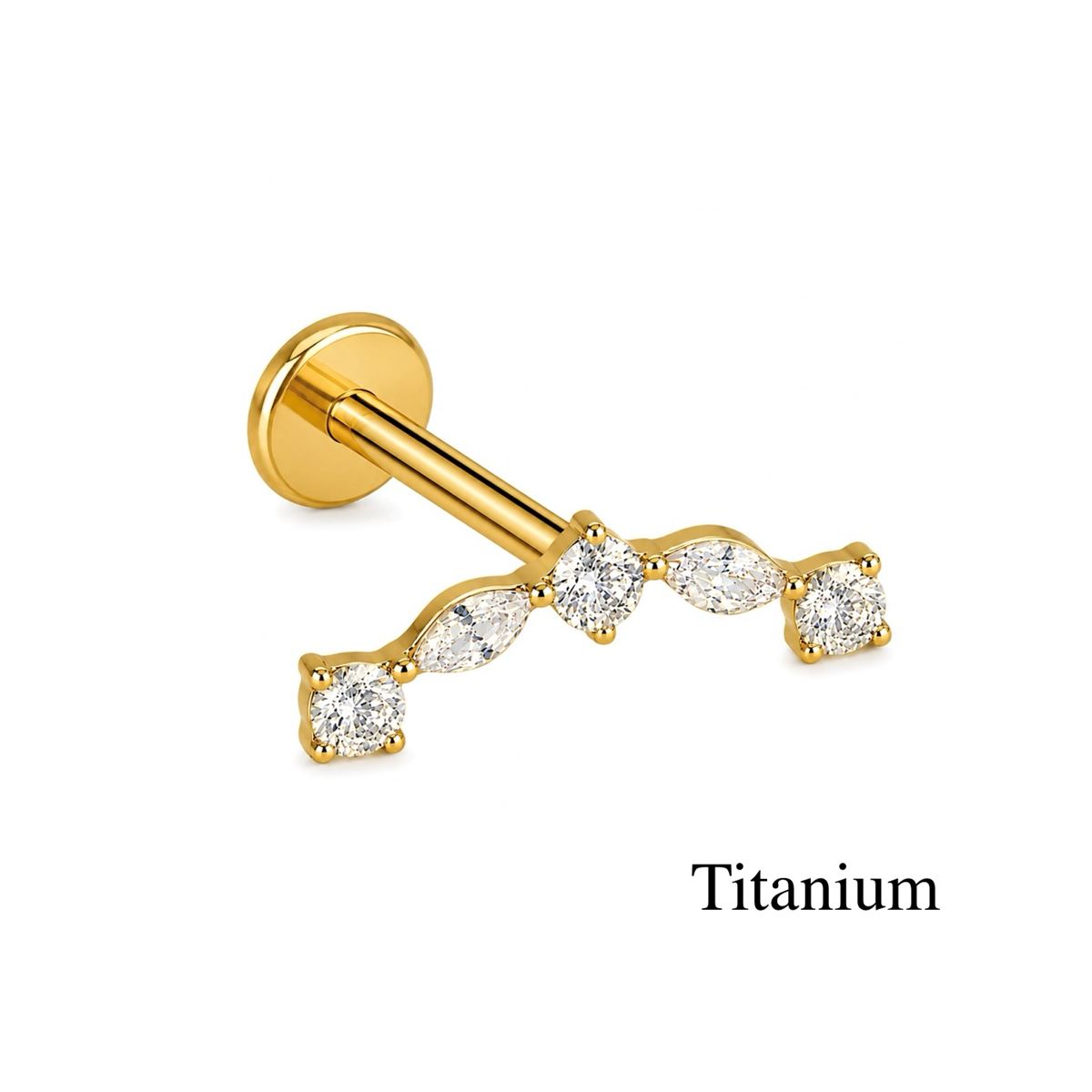 Labret/helix/tragus piercing in gold titanium F136 hoop with 5 white crystals