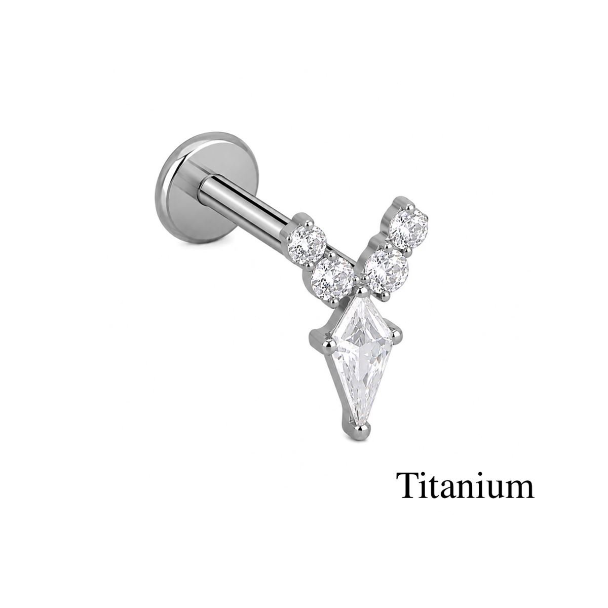 Labret/helix/tragus piercing in titanium F136 V-sign covered with white crystals