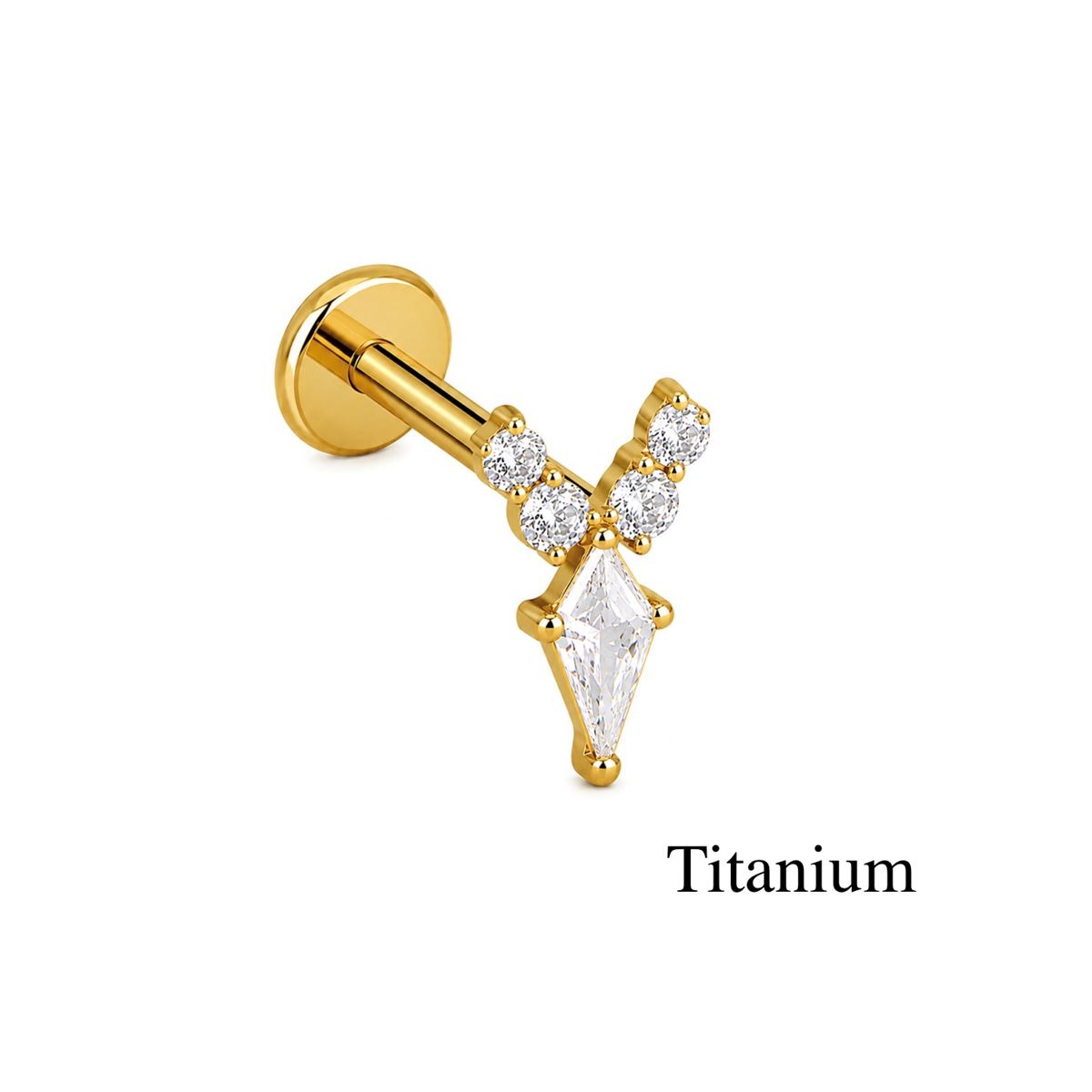 Labret/helix/tragus piercing in gold titanium F136 V-sign covered with white crystals