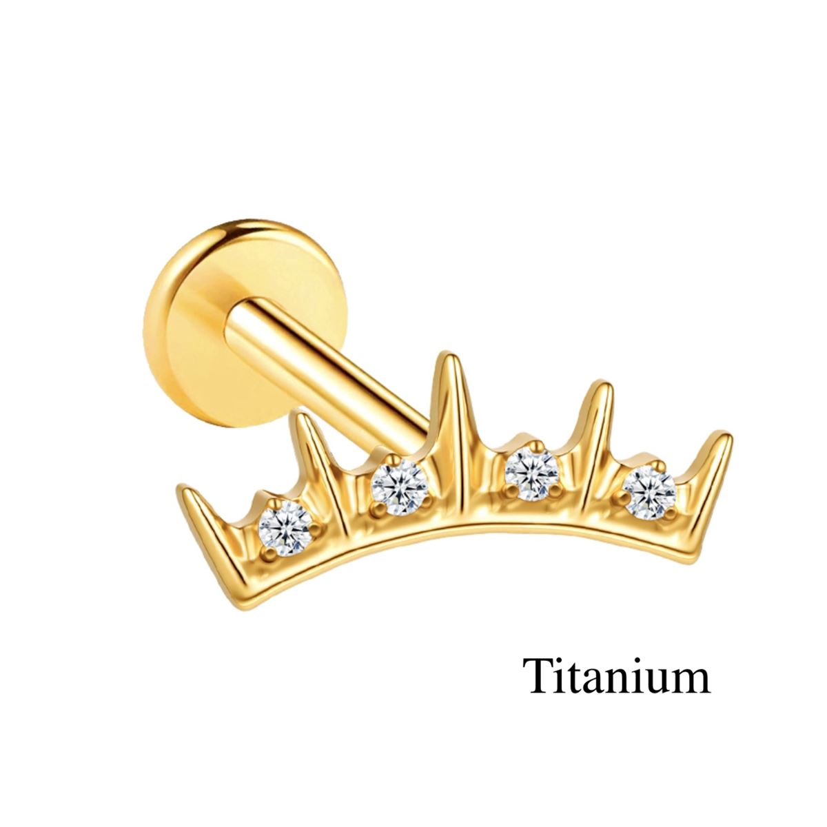 Helix / tragus / labret piercing in titanium ASTM F136 met kroon en 4 witte kristallen – goudkleurig