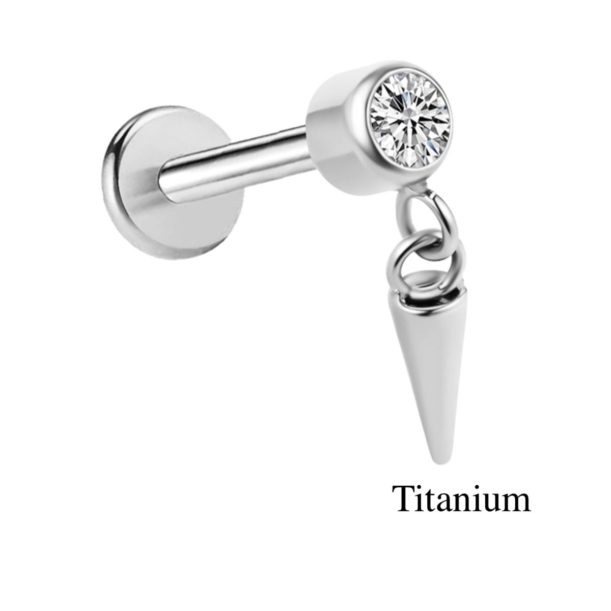 Helix / tragus / labret piercing in titanium ASTM F136 met hangende spike en wit kristal – zilverkleurig
