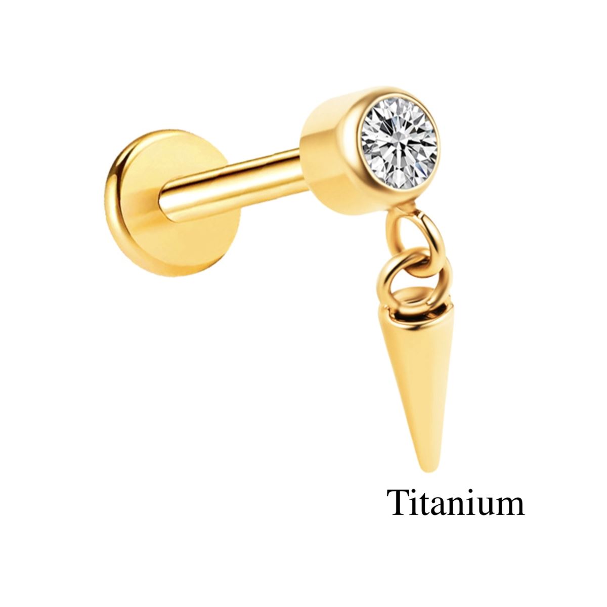 Helix / tragus / labret piercing in titanium ASTM F136 met hangende spike en wit kristal – goudkleurig