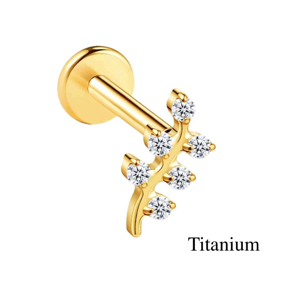 Piercing hélix / tragus / labret en titane ASTM F-136 doré avec branche délicate et 6 cristaux blancs