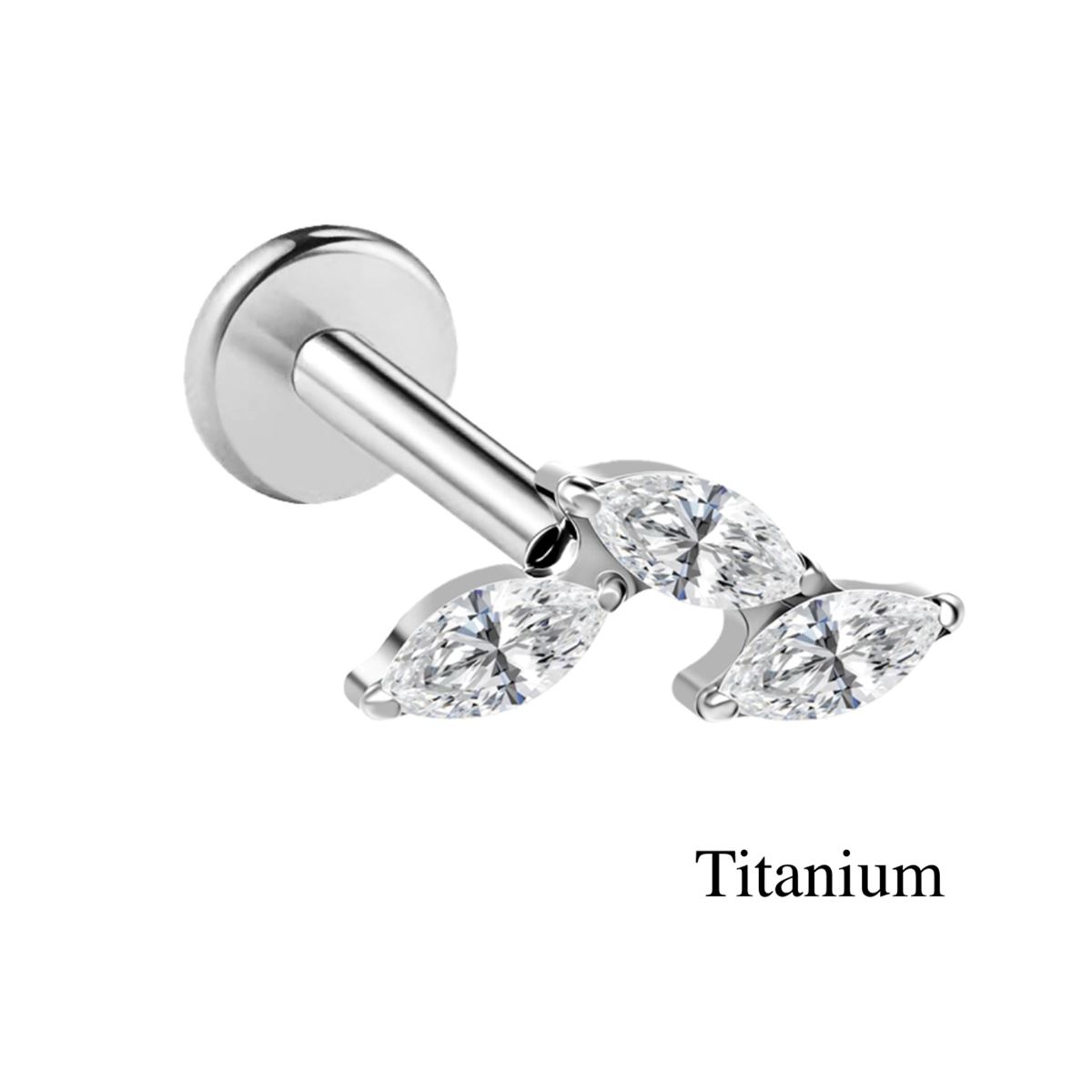 Piercing hélix / tragus / labret en titane ASTM F-136 avec 3 cristaux blancs taille marquise – argenté