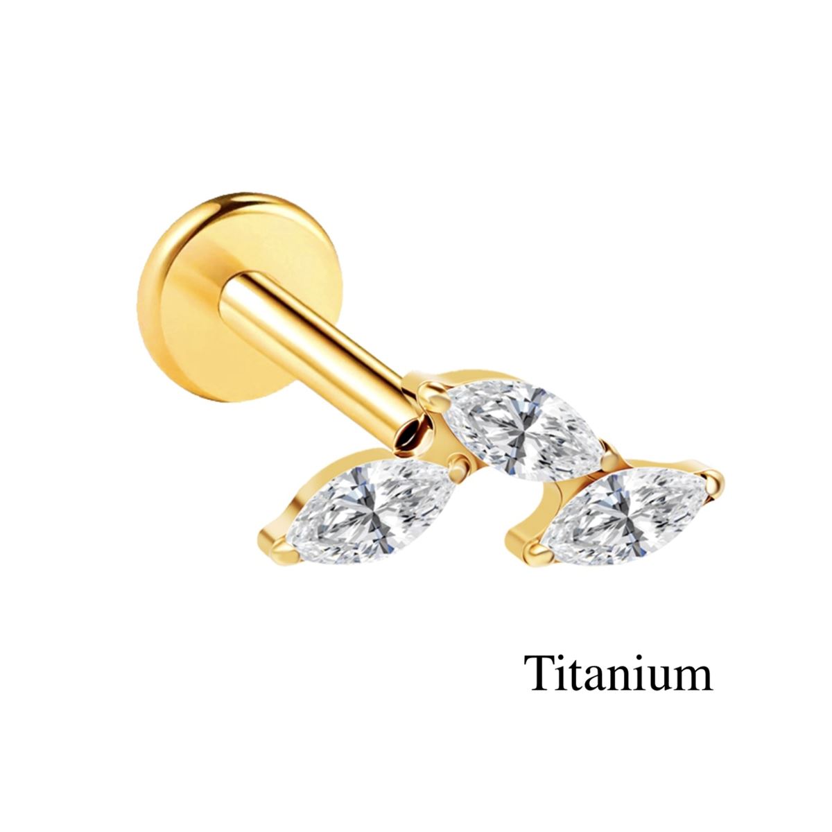 Piercing Hélix / Tragus / Labret en titane ASTM F-136 doré avec 3 cristaux blancs taille marquise