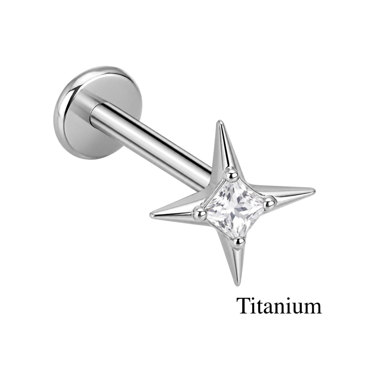 Piercing hélix / tragus / labret en titane ASTM F-136 avec étoile à quatre branches et cristal blanc – Argenté