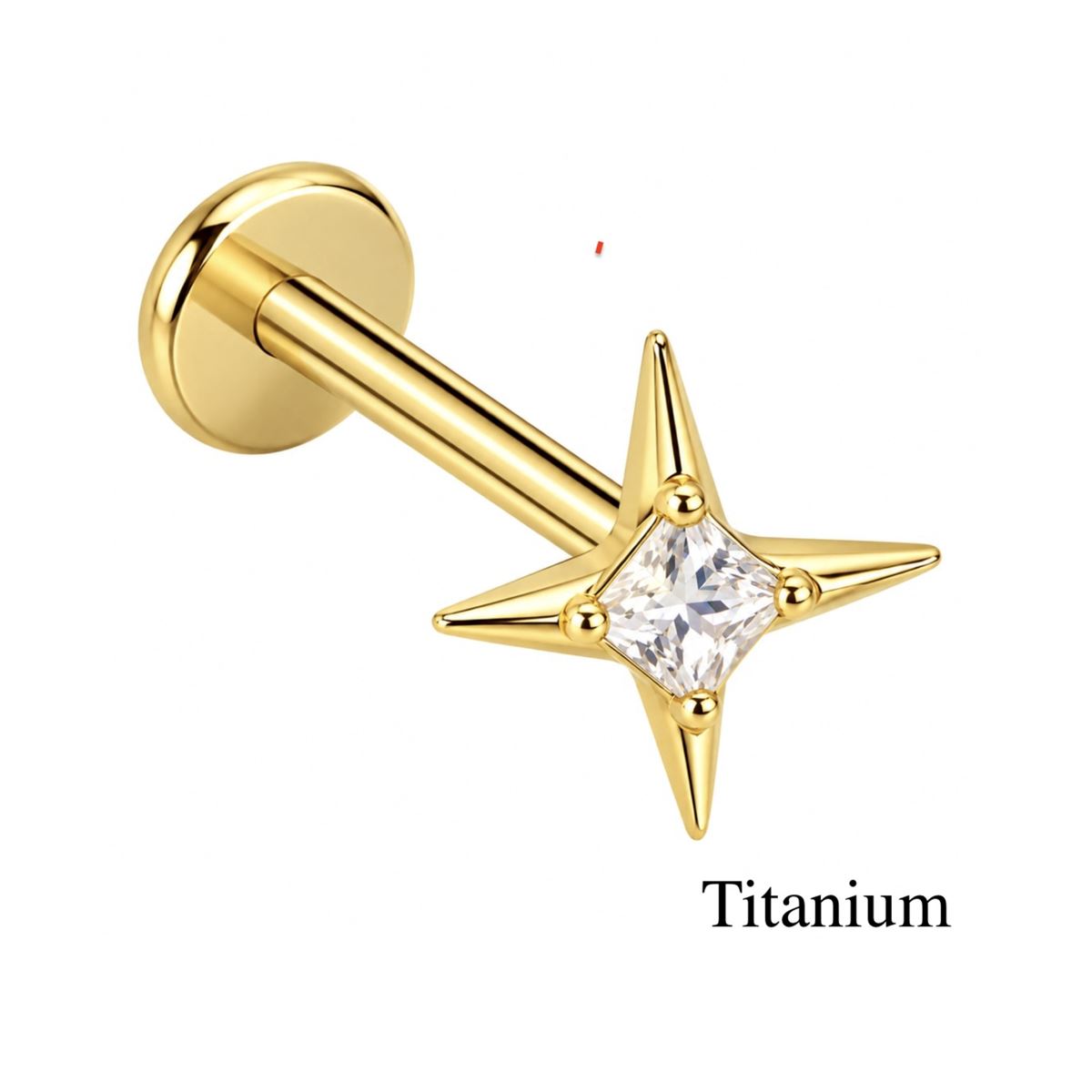 Piercing hélix / tragus / labret en titane ASTM F-136 avec étoile à quatre branches et cristal blanc – Doré