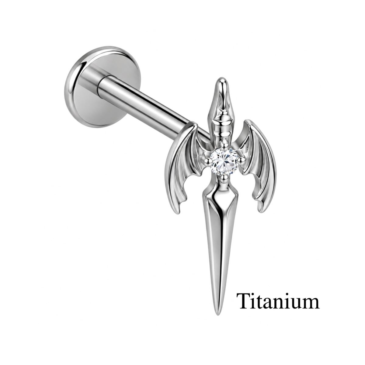 Piercing hélix / tragus / labret en titane ASTM F-136 avec épée ailée et cristal blanc – Argenté