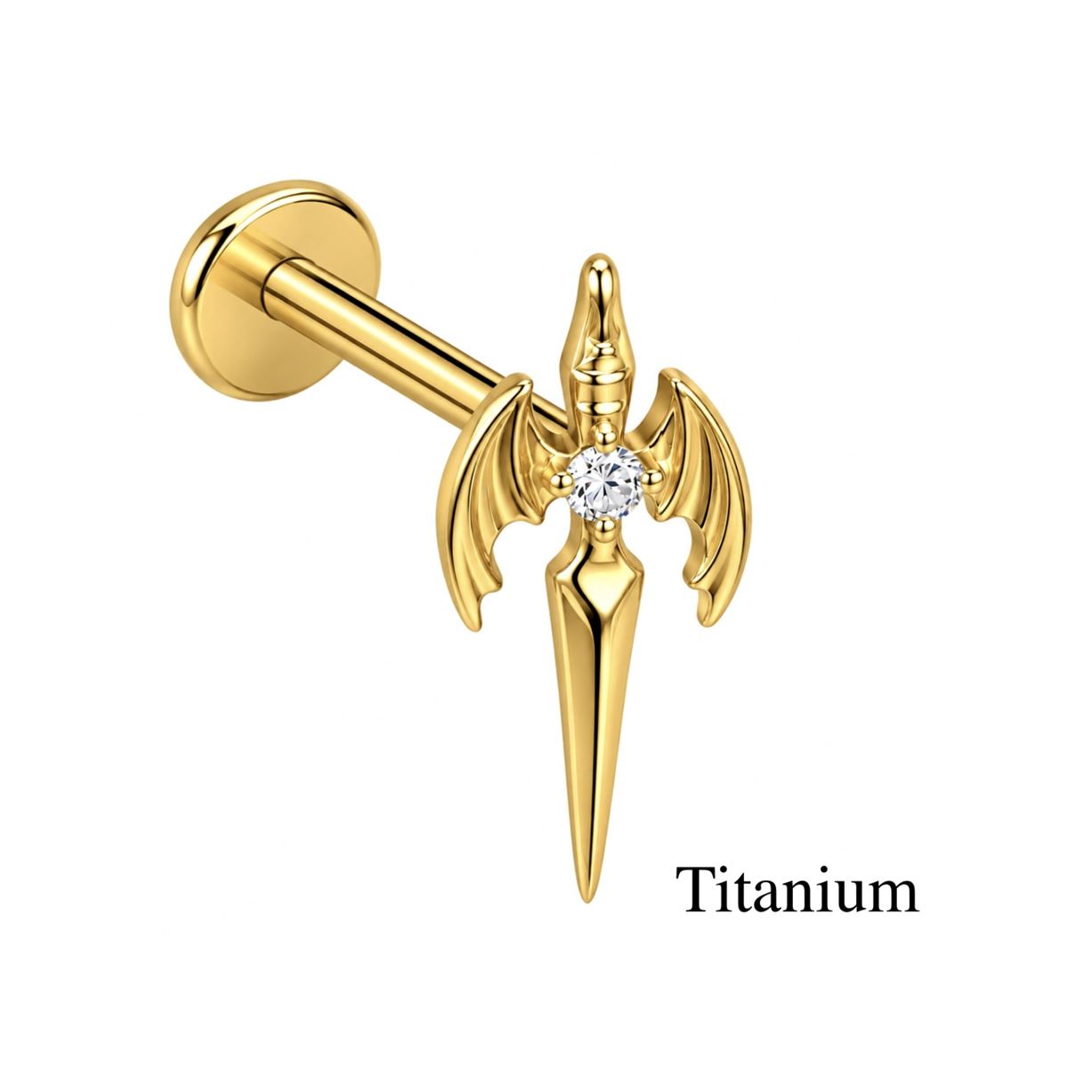 Piercing hélix / tragus / labret en titane ASTM F-136 avec épée ailée et cristal blanc – Doré