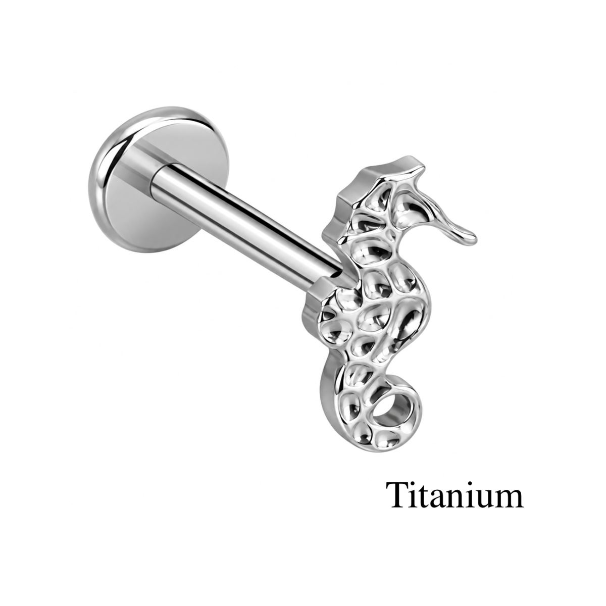 Piercing hélix / tragus / labret en titane ASTM F-136 avec hippocampe détaillé – Argenté