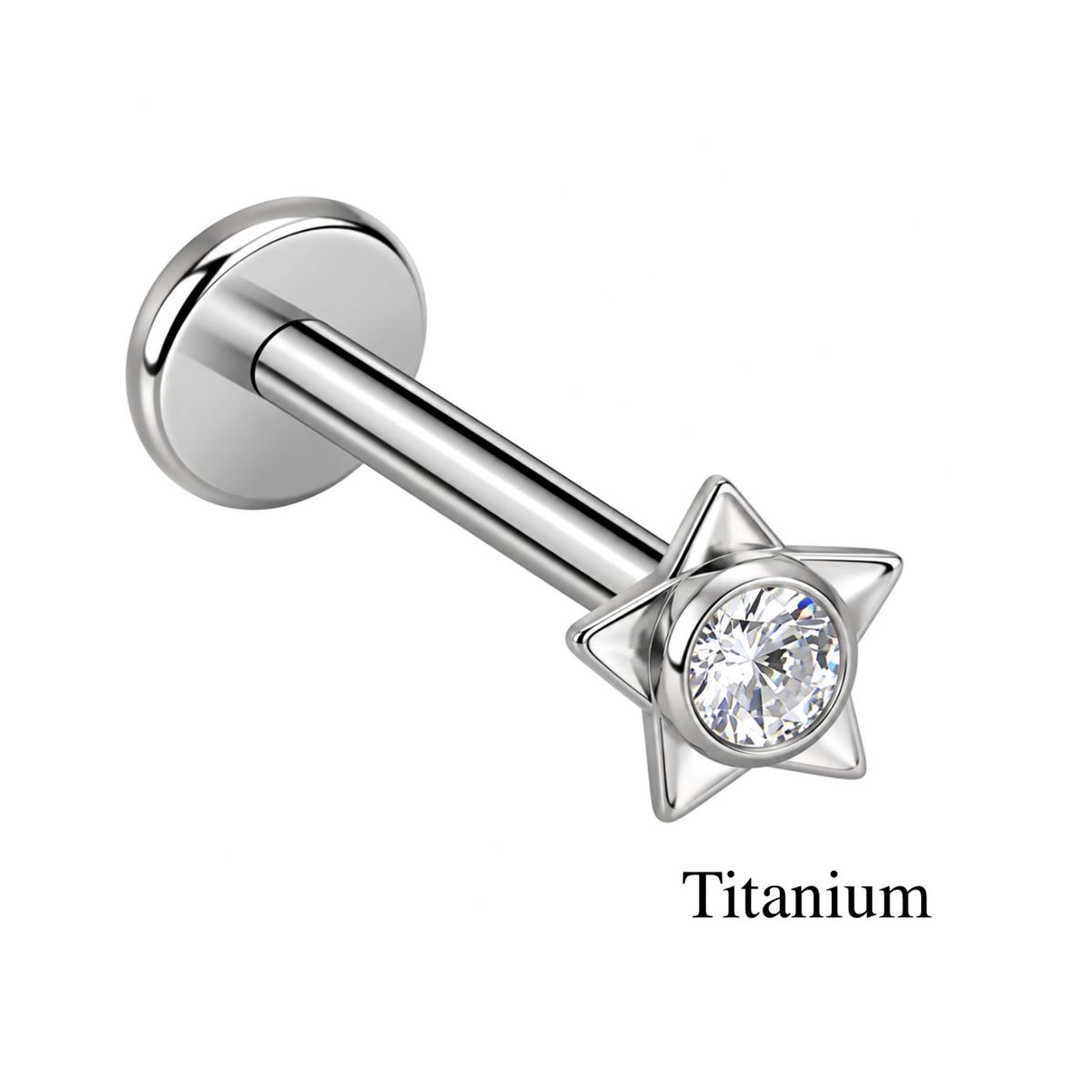 Piercing hélix / tragus / labret en titane ASTM F-136 avec étoile et cristal blanc scintillant – Argenté