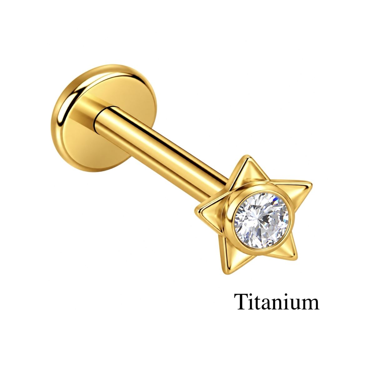 Piercing hélix / tragus / labret en titane ASTM F-136 avec étoile et cristal blanc scintillant – Doré