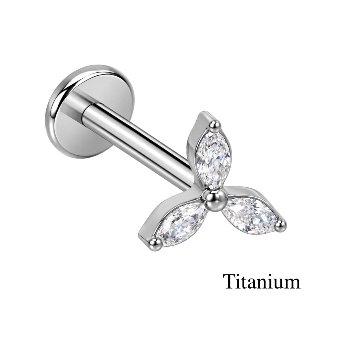 Piercing hélix / tragus / labret en titane ASTM F-136 avec fleur de 3 cristaux blancs taille marquise – Argenté