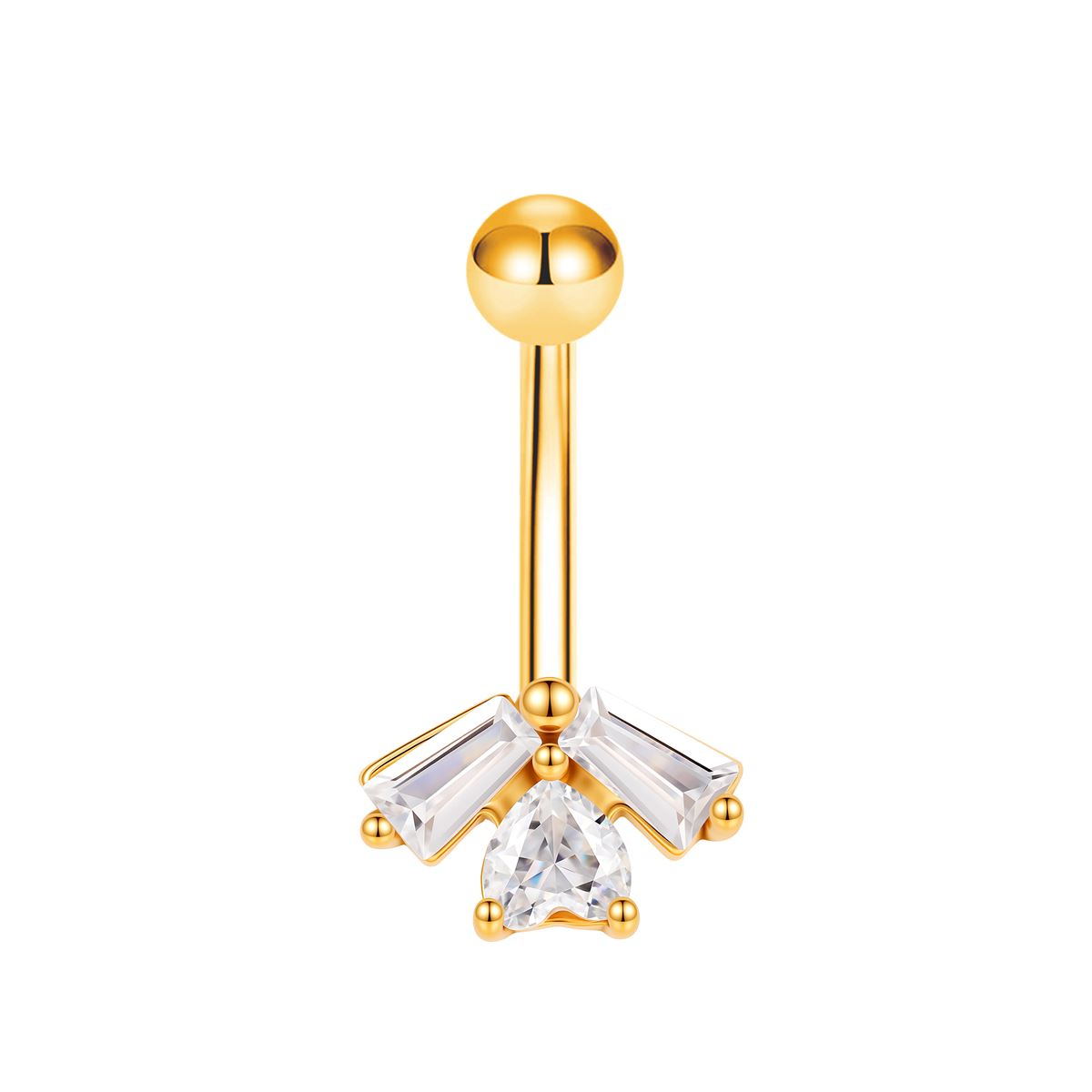 Navel piercing in gold surgical steel motif with 3 white crystals