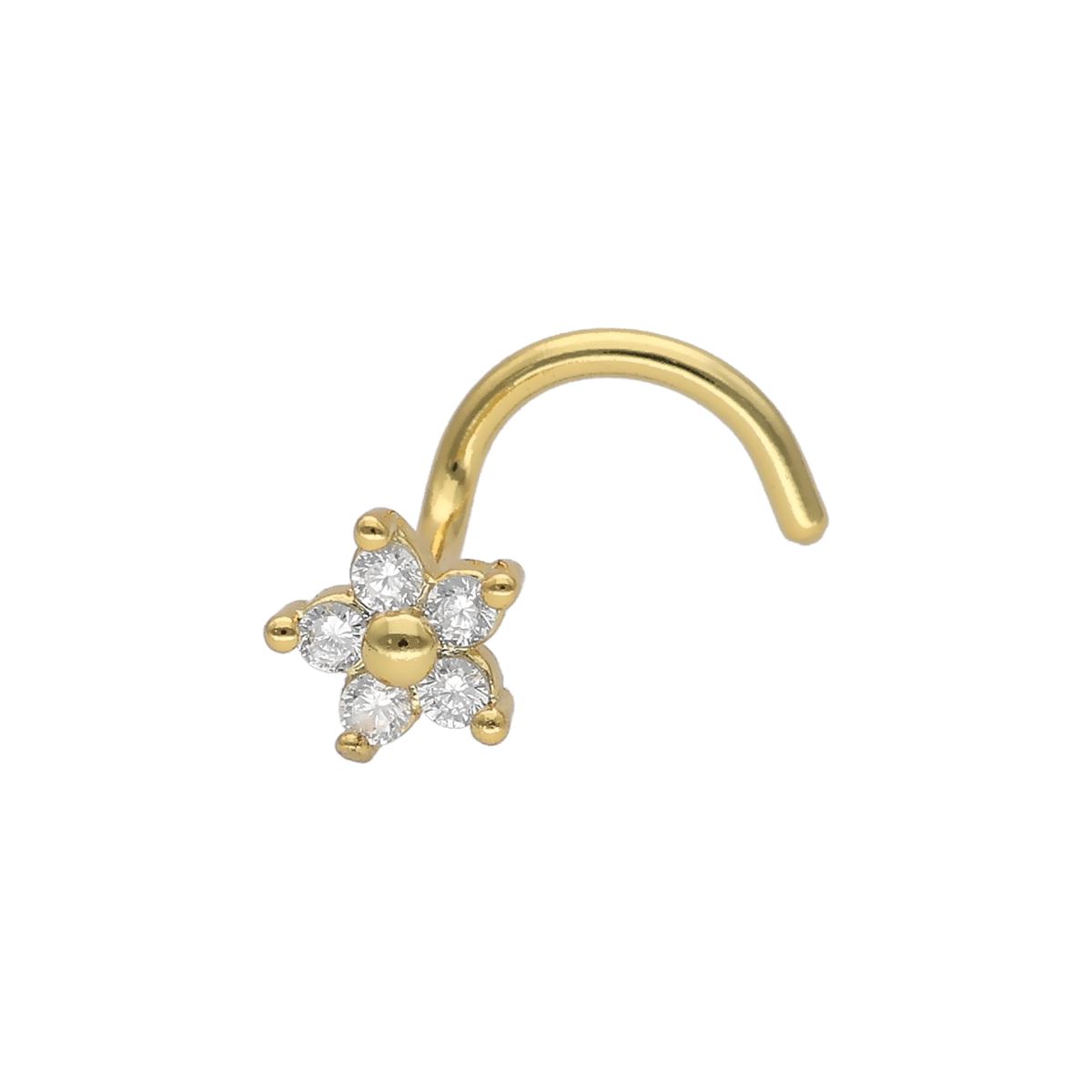 Neuspiercing in goud chirurgisch staal met een kromming en een bloem motief