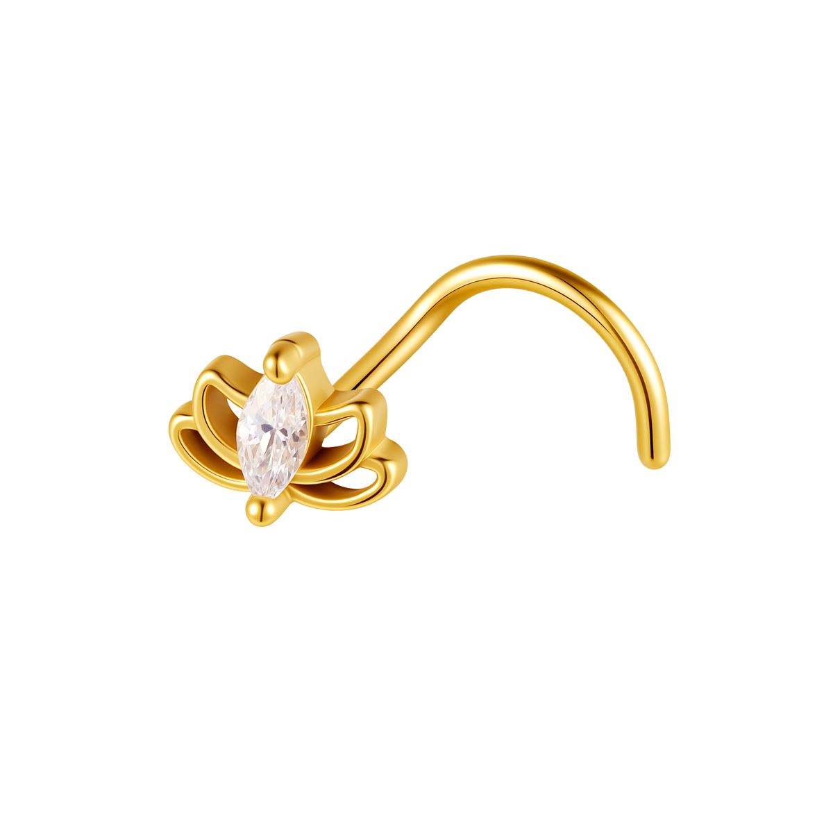 Nose piercing in gold surgical steel lotus with a white crystal