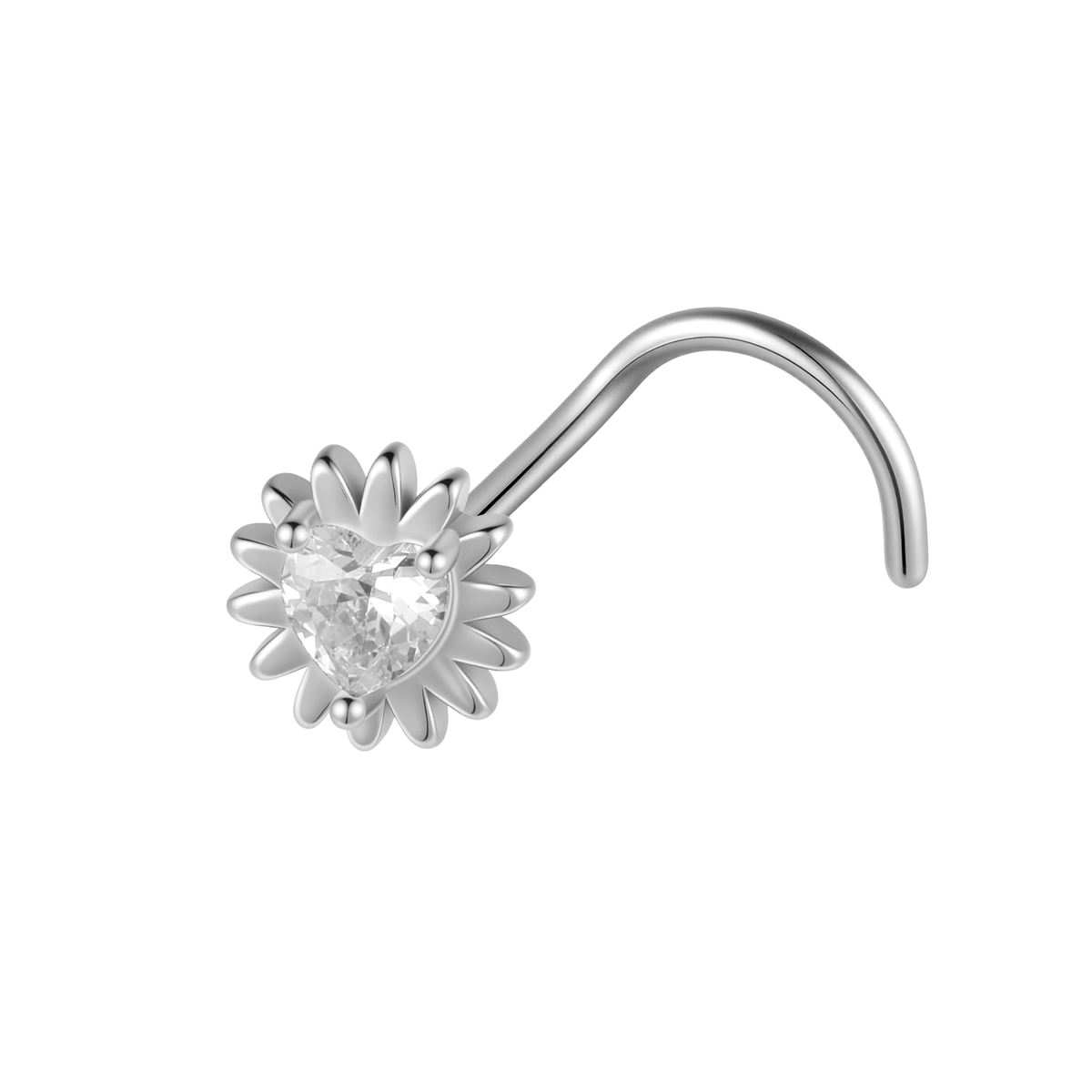 Nose piercing in surgical steel with flower motif and white crystal