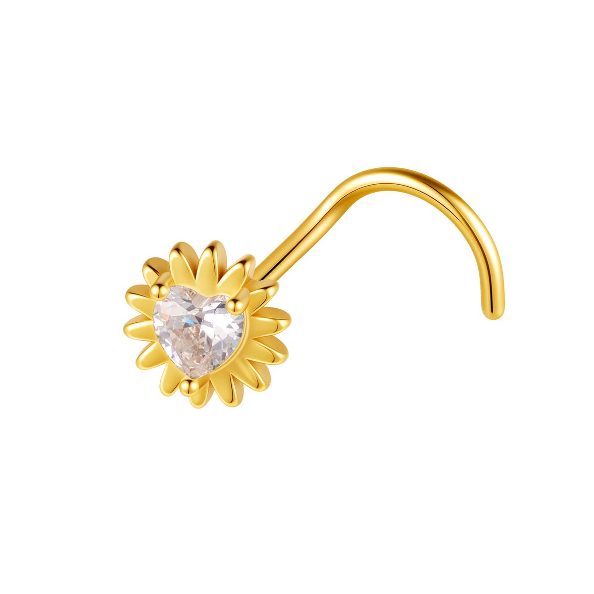 Nose piercing in gold surgical steel with flower motif and white crystal