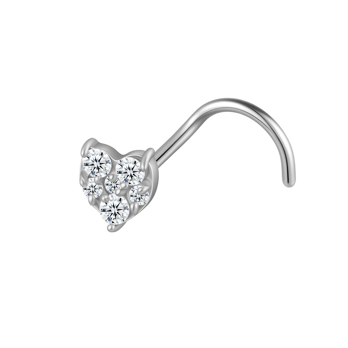 Nose piercing in surgical steel heart covered with white crystals