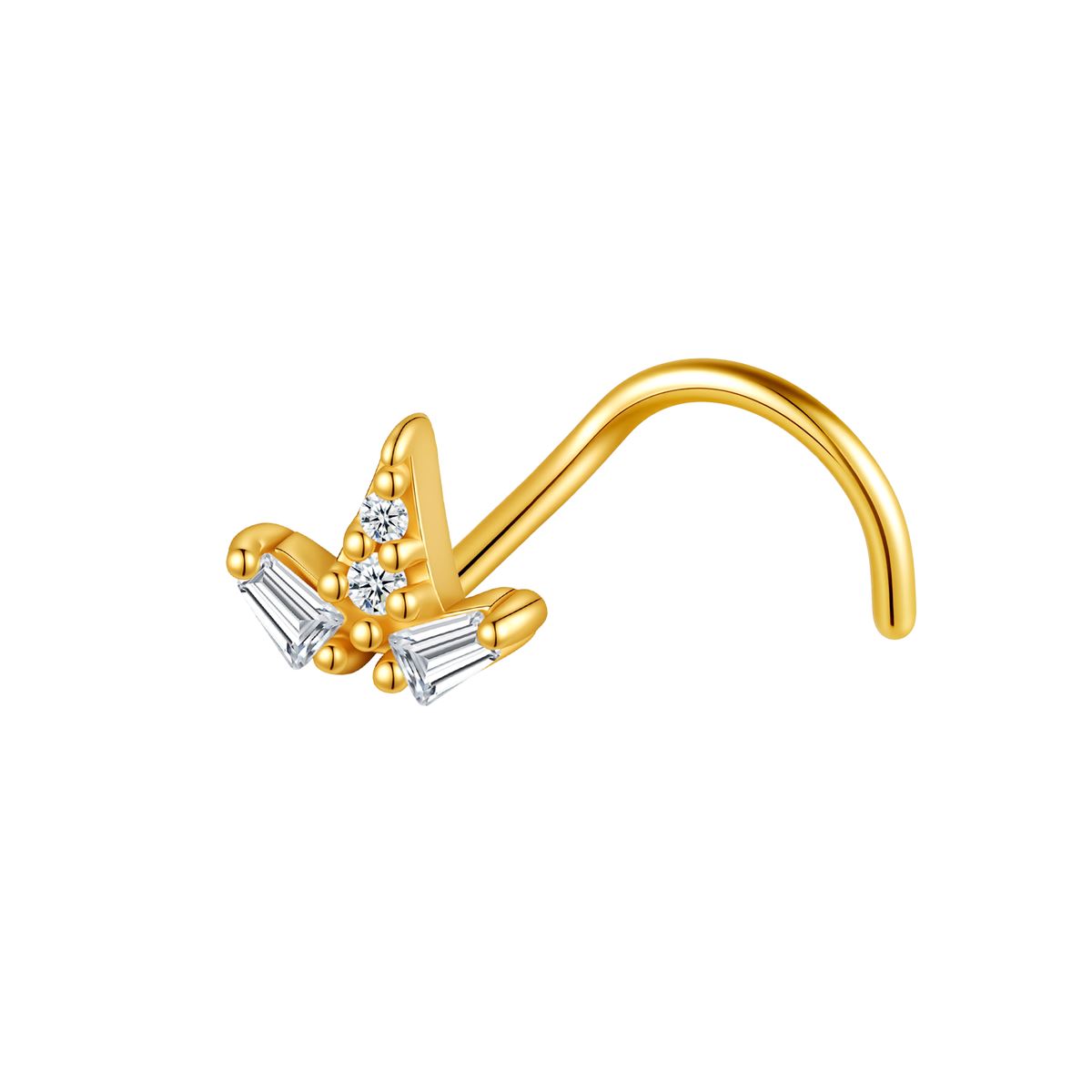 Nose piercing in gold surgical steel triangle covered with white crystals