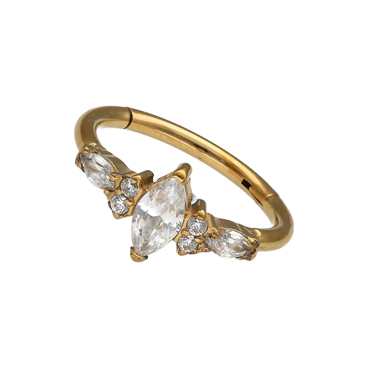 Segmentring/clicker in goud chirurgisch staal met witte kristallen aan de zijkant