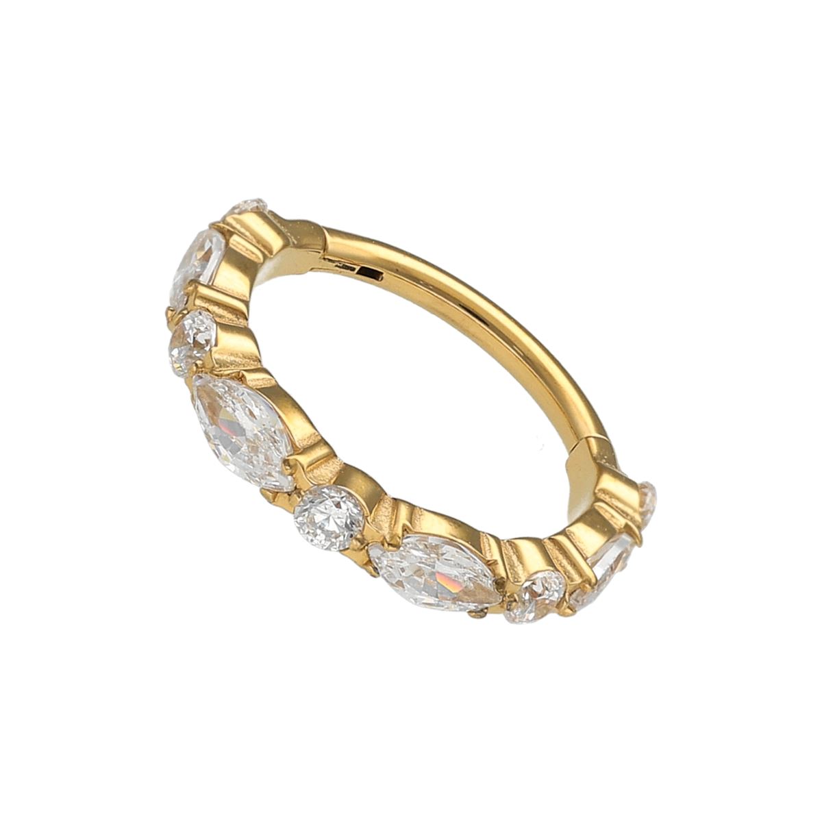 Segmentring/clicker in goud chirurgisch staal bedekt met witte kristallen