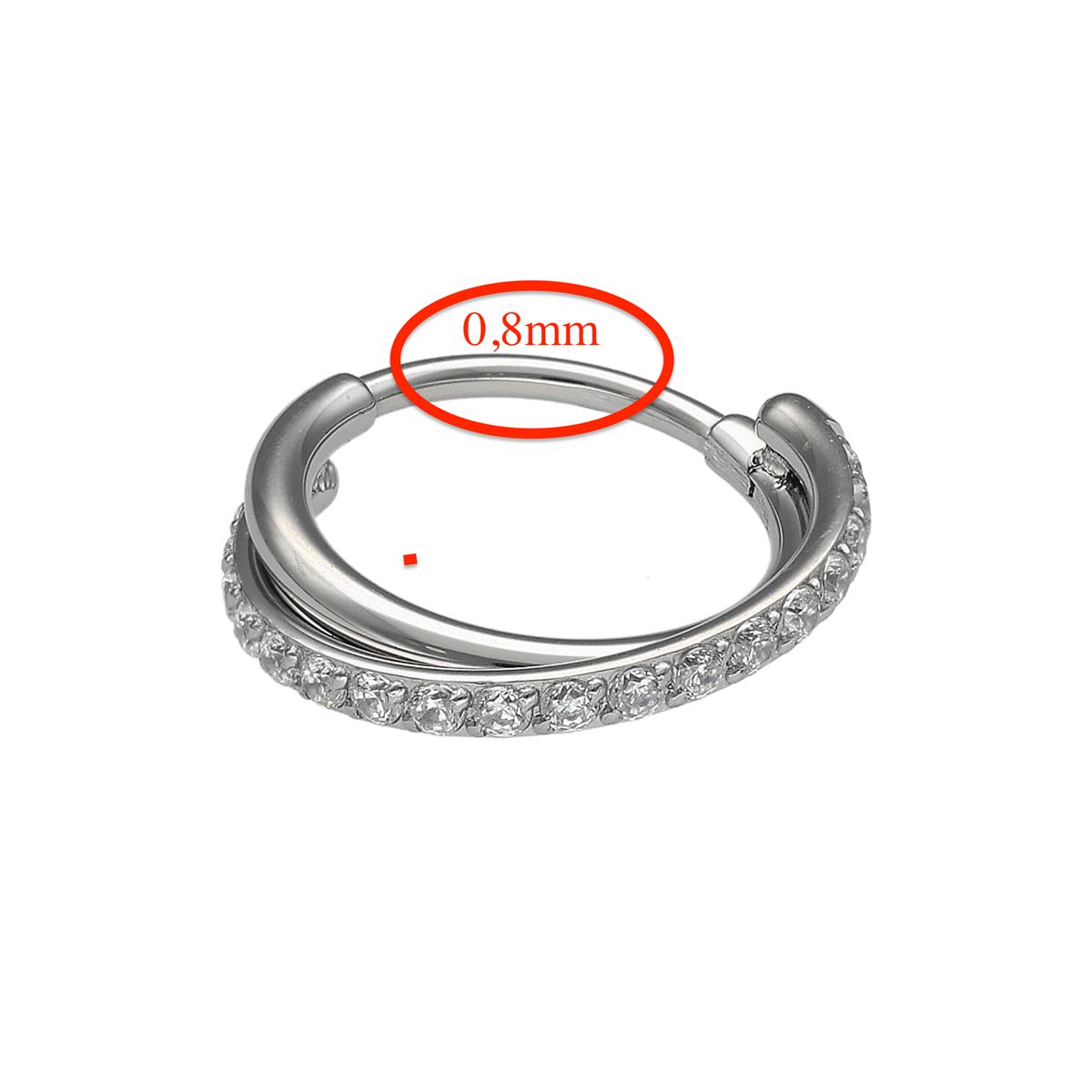 Segmentring/clicker in chirurgisch staal dubbele rij gekruist met kristallen 0.8mm