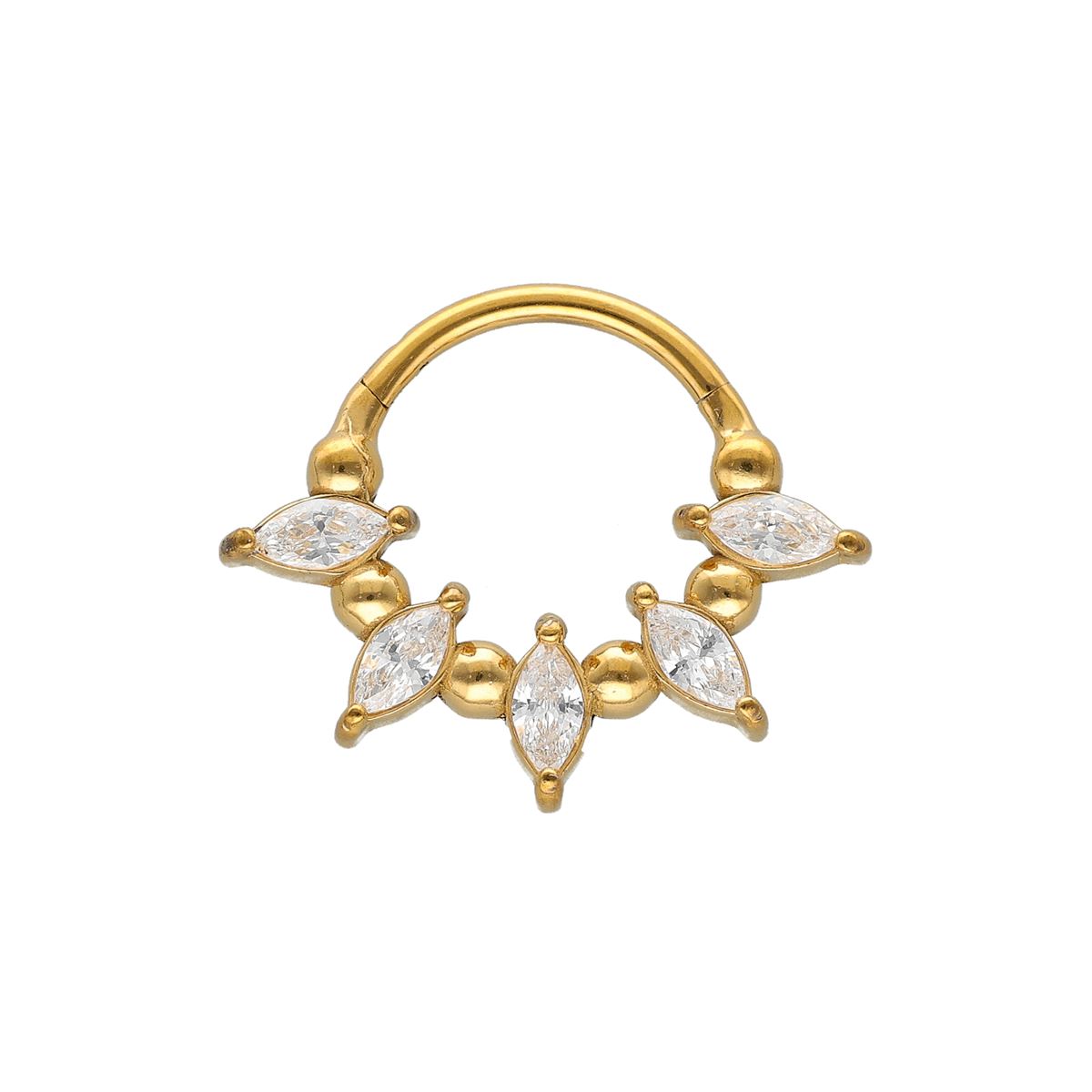 Segmentring/clicker in goud chirurgisch staal met ovaal witte kristallen