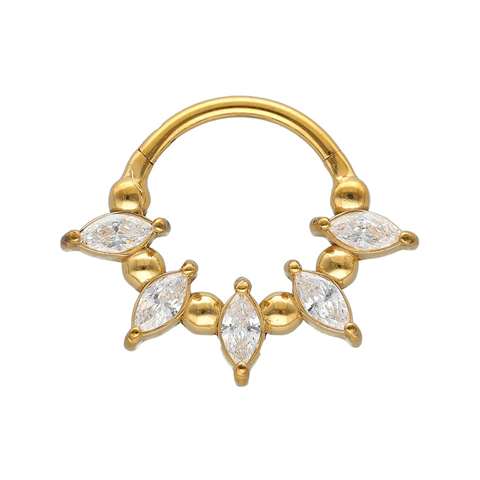 Segment ring/clicker in gold surgical steel with oval white crystals