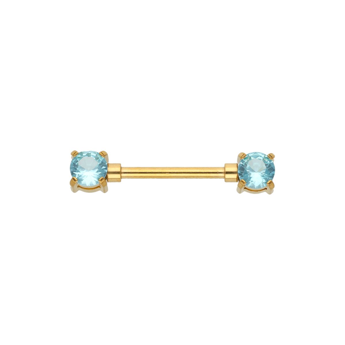 Tepelpiercing in goud chirurgisch staal met 2 licht blauwe kristallen
