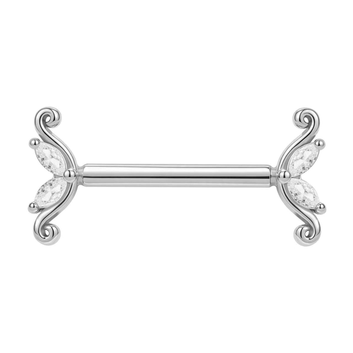 Brustwarzenpiercing aus Chirurgenstahl mit eleganten Schnörkeln und weißen Kristallen