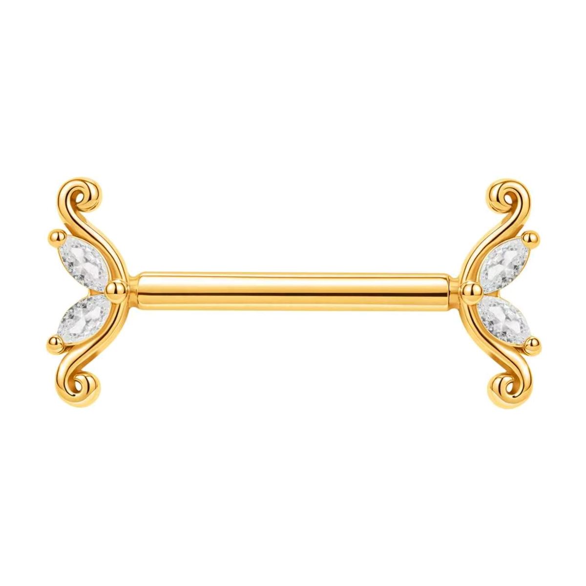Brustwarzenpiercing aus goldfarbenem Chirurgenstahl mit eleganten Schnörkeln und weißen Kristallen